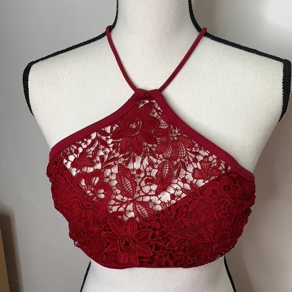 Jessica Simpson Maroon Lace Halter Bikini Top S SW2037